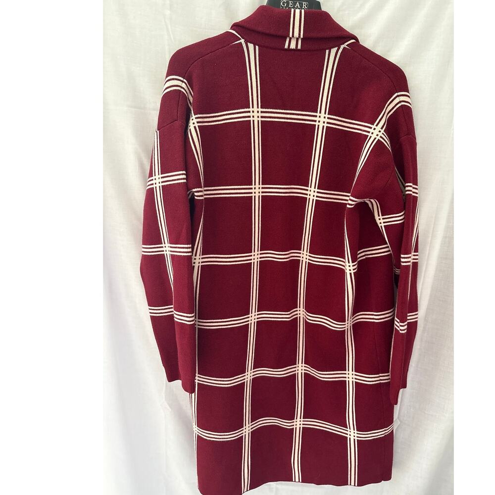 Modcloth Burgundy Cream Plaid Heavy Open Front Cardigan Sweater Large - Picture 6 of 6